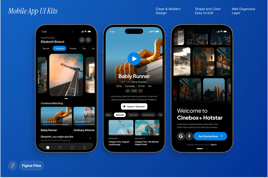 电影和电视流媒体移动应用程序 UI 套件
