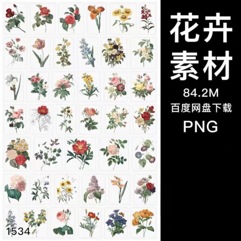 1534款复古Vintage维多利亚时期花朵花卉免扣PNG图案装饰元素PS设计素材