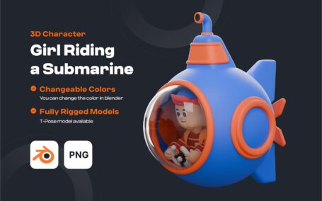 男孩骑潜艇 3D 角色插画 (Blend,PNG)