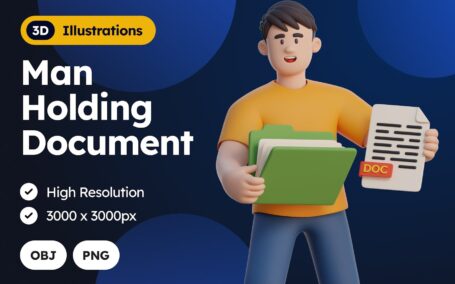 男子持有文件 3D 人物插画 (PNG,OBJ)