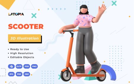 滑板车3D插画 (JPG,PNG,PSD,Blend,FBX,OBJ)