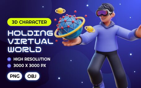 男子持有虚拟世界 3D 插图 (PNG,OBJ)