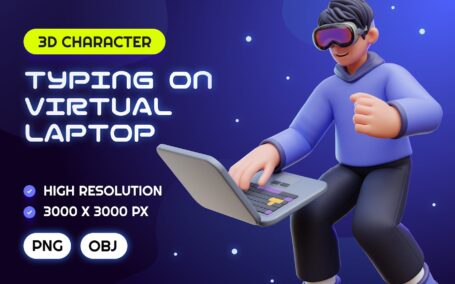 在虚拟笔记本电脑上打字 3D 插图 (PNG,OBJ)
