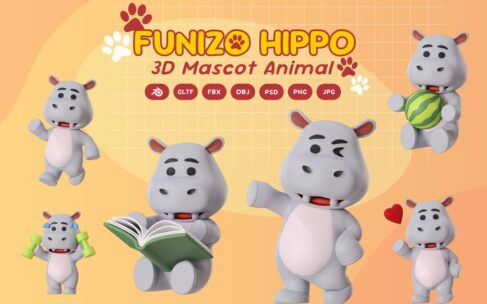 河马吉祥物动物3D卡通模型 (BLEND,GLTF,FBX,OBJ,PSD,PNG)
