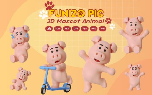 猪吉祥物动物3D卡通模型 (BLEND,GLTF,FBX,OBJ,PSD,PNG)