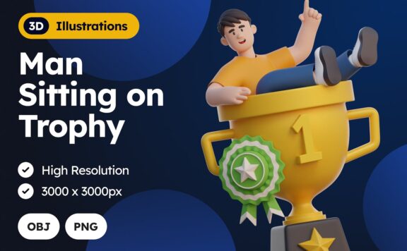 坐在奖杯 3D 角色上的男子插画 (PNG,OBJ)