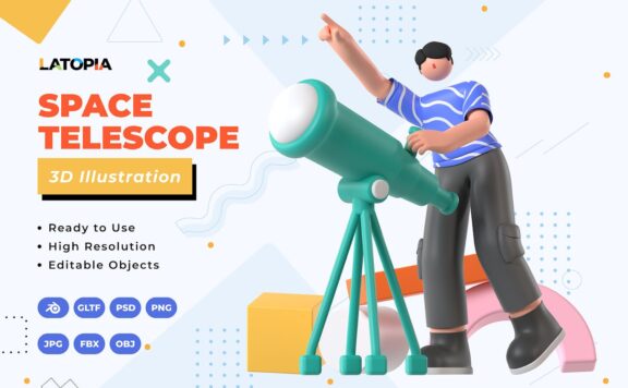 太空望远镜 3D插画 (PNG,JPG,PSD,Blend,FBX,OBJ)