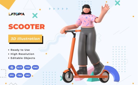 滑板车3D插画 (JPG,PNG,PSD,Blend,FBX,OBJ)