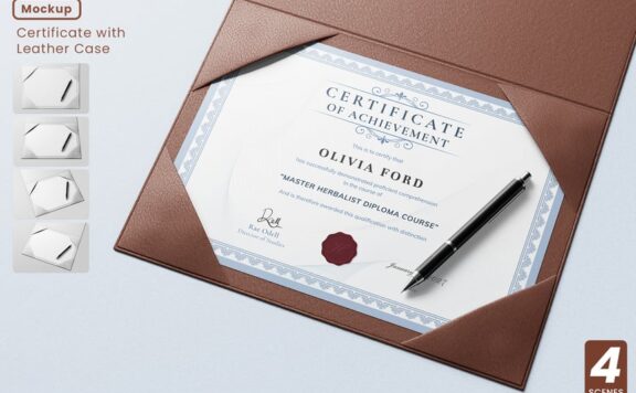 带皮革盒模型套件的证书样机 (PSD)