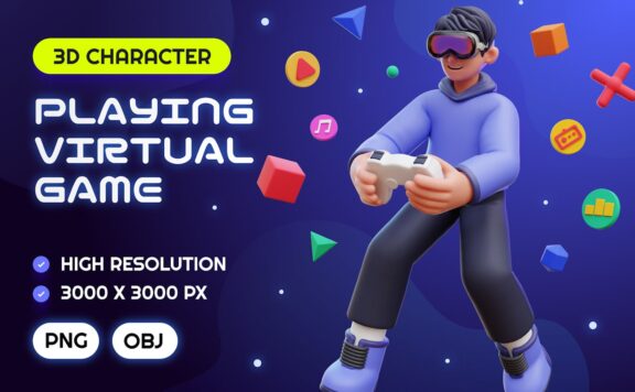 男子玩虚拟游戏 3D 插图 (PNG,OBJ)