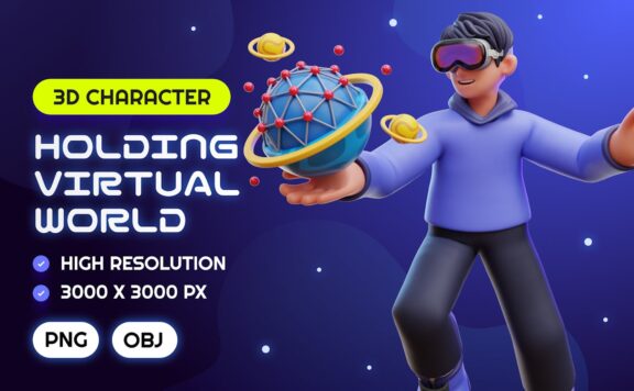 男子持有虚拟世界 3D 插图 (PNG,OBJ)