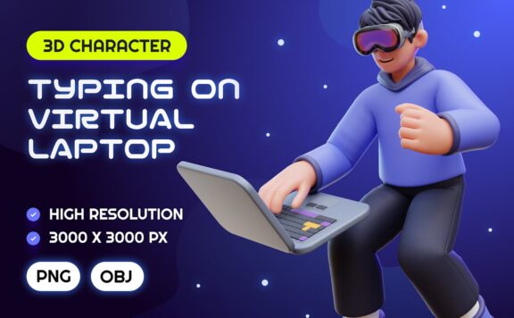 在虚拟笔记本电脑上打字 3D 插图 (PNG,OBJ)