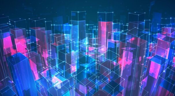 矢量抽象的 3d 科技科幻水晶城市屋顶的景色EPS