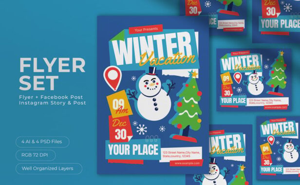 雪人圣诞节寒假海报模板 (AI,PSD)