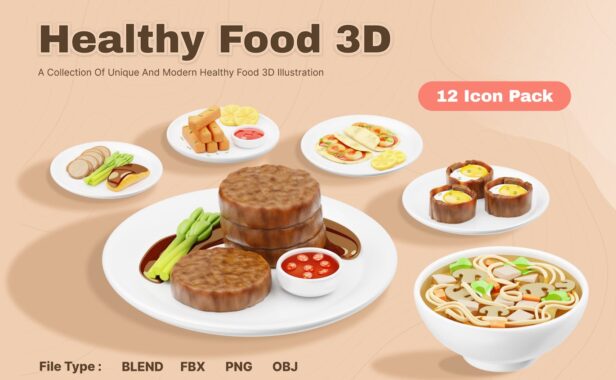健康食品 3D 插图 (PNG,OBJ,FBX,Blend)