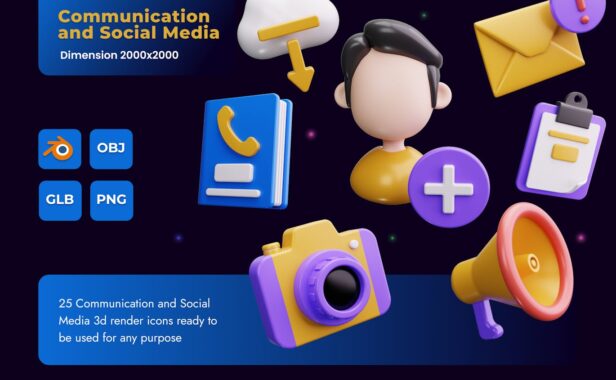 通信和社交媒体 3D 图标 (PNG)