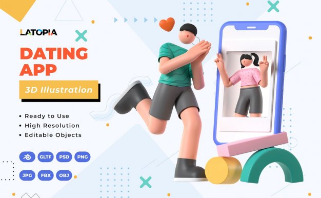 约会应用程序 3D插画 (JPG,PNG,PSD,Blend,FBX,OBJ)