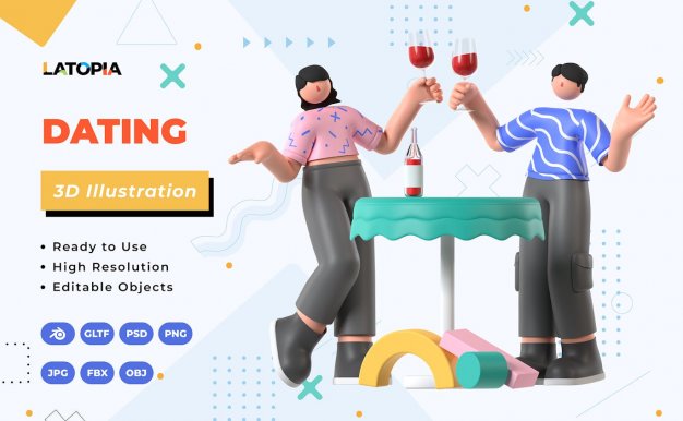 约会3D插画 (JPG,PNG,PSD,Blend,FBX,OBJ)
