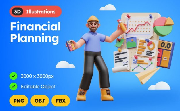 财务规划 3D 插图 (obj,fbx)