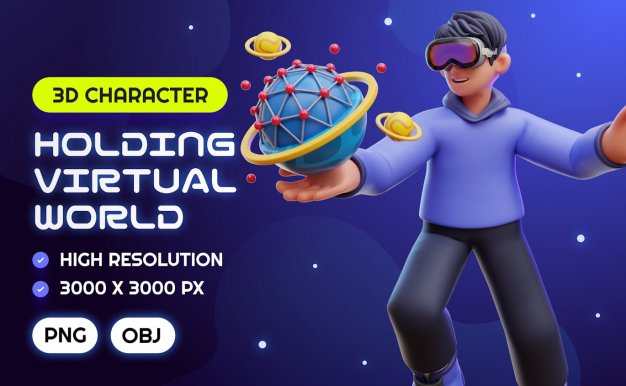 男子持有虚拟世界 3D 插图 (PNG,OBJ)