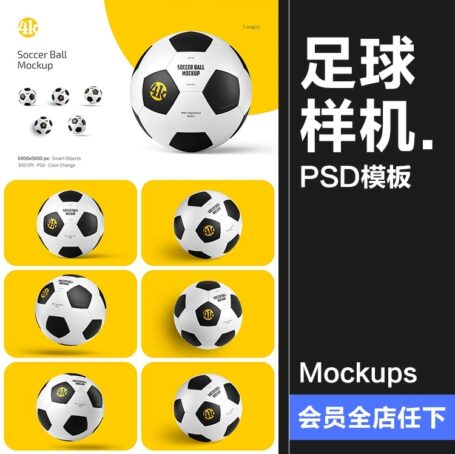 5款皮革足球模型外观印花图案品牌logo标识贴图样机PSD模板