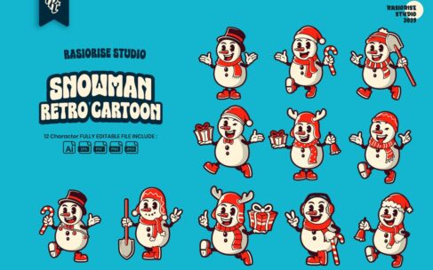 复古雪人卡通对象集(AI,EPS,PDF,PNG,JPG)