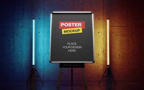 霓虹灯的黑暗房间的海报横幅样机 (PSD)