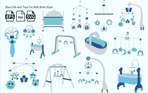 波西米亚风格儿童蓝色婴儿床和玩具 (EPS,PDF,SVG)