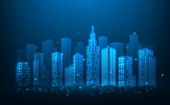 蓝色背景下的智能城市技术数字全球社交网络建设概念图