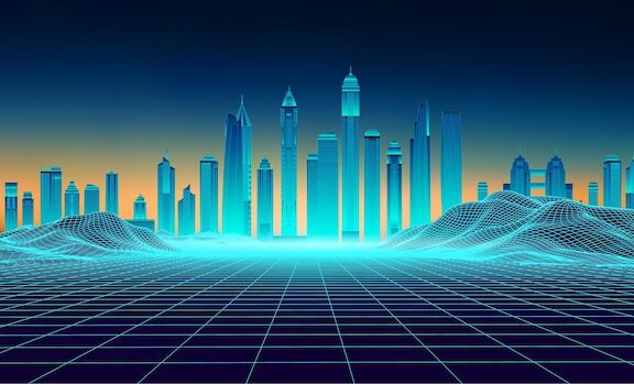 复古背景未来派景观 20 世纪 80 年代风格未来派摩天大楼城市数字景观