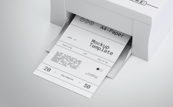 带有打印机模型的A4纸样机 (PSD)