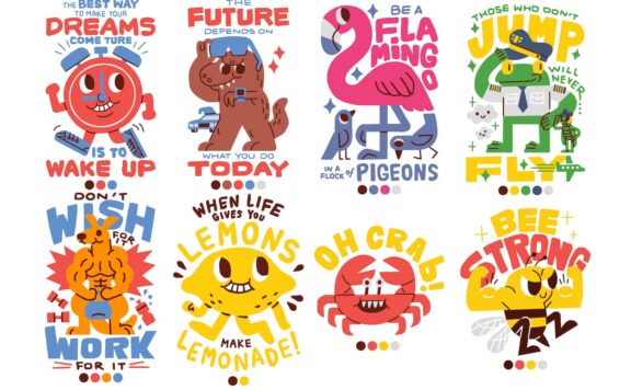 有趣的卡通人物与励志名言卡通插图 (AI,EPS,PNG,SVG)