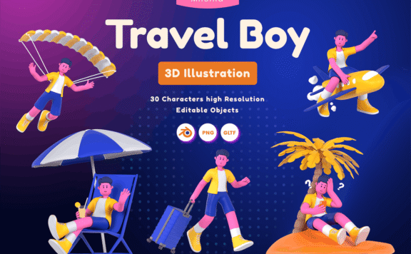 旅行男孩 3D 插图 (PNG,Blend)