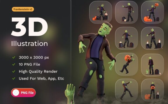 人物万圣节弗兰肯斯坦 3D 插图 (PNG)
