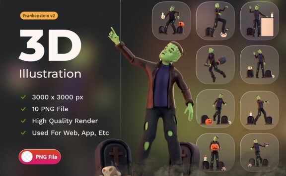 人物万圣节弗兰肯斯坦 3D 插图 (PNG)
