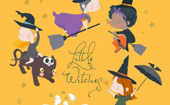 矢量卡通万圣节套装与可爱的女巫矢量图案 (AI,EPS,JPG,PNG)