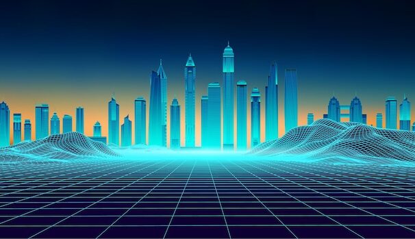 复古背景未来派景观 20 世纪 80 年代风格未来派摩天大楼城市数字景观