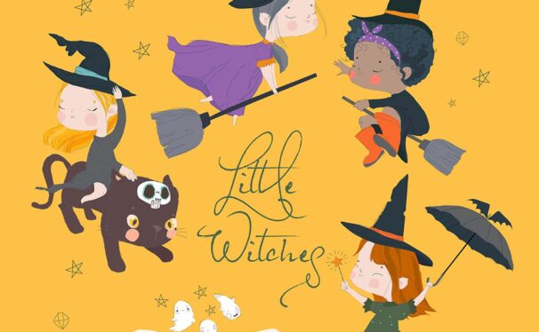 矢量卡通万圣节套装与可爱的女巫矢量图案 (AI,EPS,JPG,PNG)