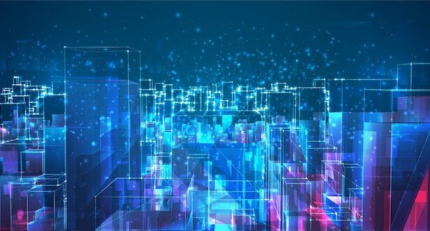 矢量抽象的 3d 水晶城市屋顶的景色，一大片杂乱无章的玻璃挂件组