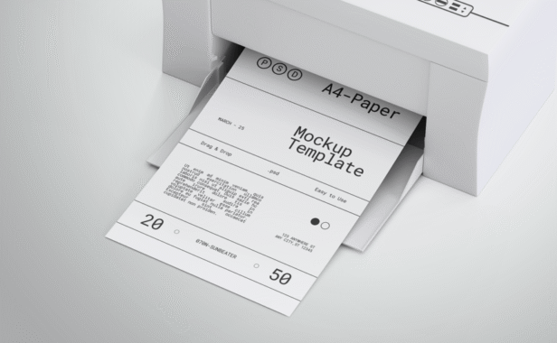 带有打印机模型的A4纸样机 (PSD)