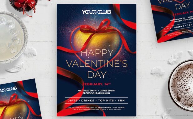 丝带爱心情人节活动海报传单模板 (PSD)