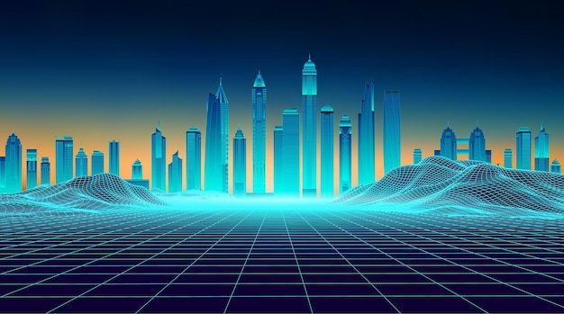 复古背景未来派景观 20 世纪 80 年代风格未来派摩天大楼城市数字景观
