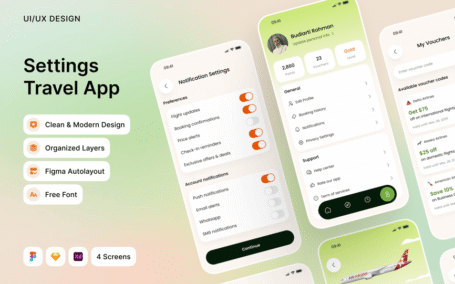 个人资料和设置旅行应用APP UI KIT (FIG,SKETCH,XD)