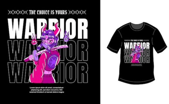 女武士手绘设计插画街头服饰T恤图案素材[ai,eps]