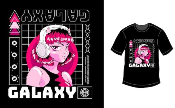 耳机女孩手绘设计插画街头服饰T恤图案素材[ai,eps]