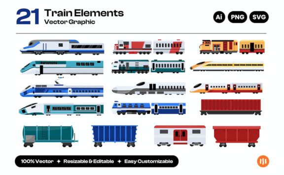矢量铁路运输平面彩色图标集 (AI,PNG,SVG)