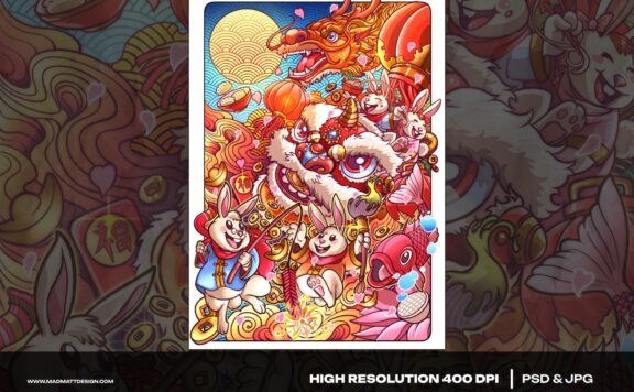 🔴手绘风格的时尚高端可爱多用途的中国风新年春节海报插画设计模板-PSD