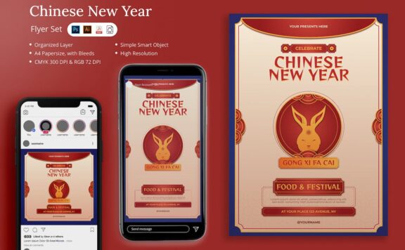 兔年农历新年社交海报传单集 (AI,EPS,PDF,PSD)
