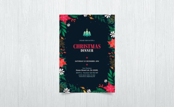 花叶框架圣诞晚餐派对邀请海报 (PSD)