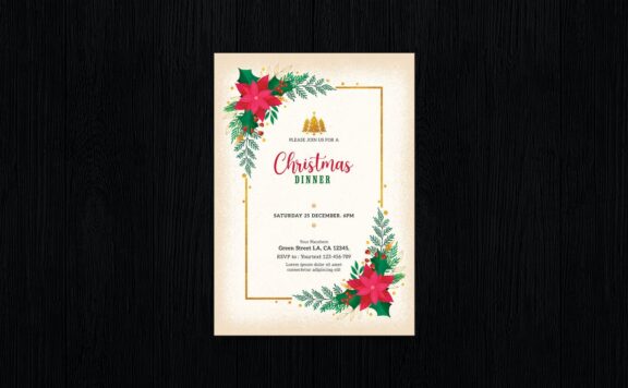 圣诞晚餐派对主题花卉请柬海报模板 (PSD)